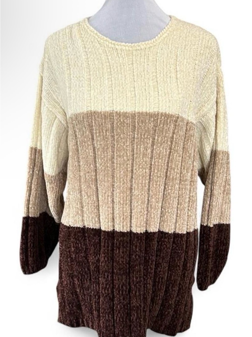 Cozy Colorblock Ribbed Knit Sweater - Cream, Tan & Brown